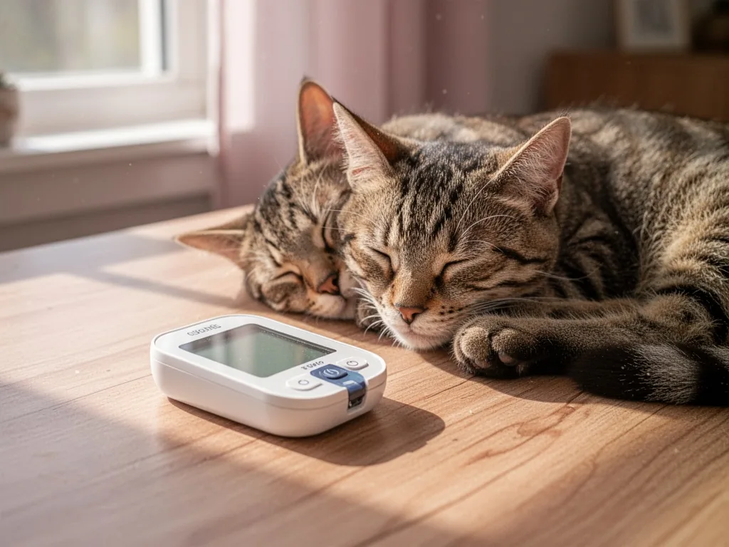 A white glucose meter on a wooden table next to a sleeping tabby cat, soft afternoon sunlight through a window