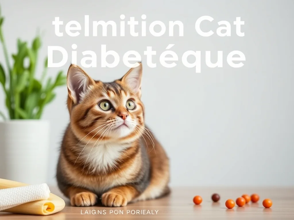Chat tigré en train de manger des croquettes dans une gamelle, avec un glucomètre et des seringues à insuline en arrière-plan flou