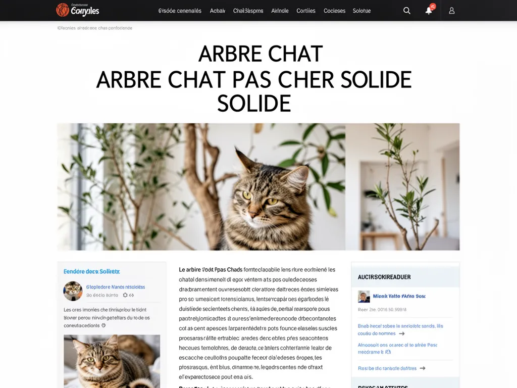 Un chat tigré observe depuis la plateforme supérieure d'un arbre à chat en bois clair, robuste et doté de plusieurs niveaux.