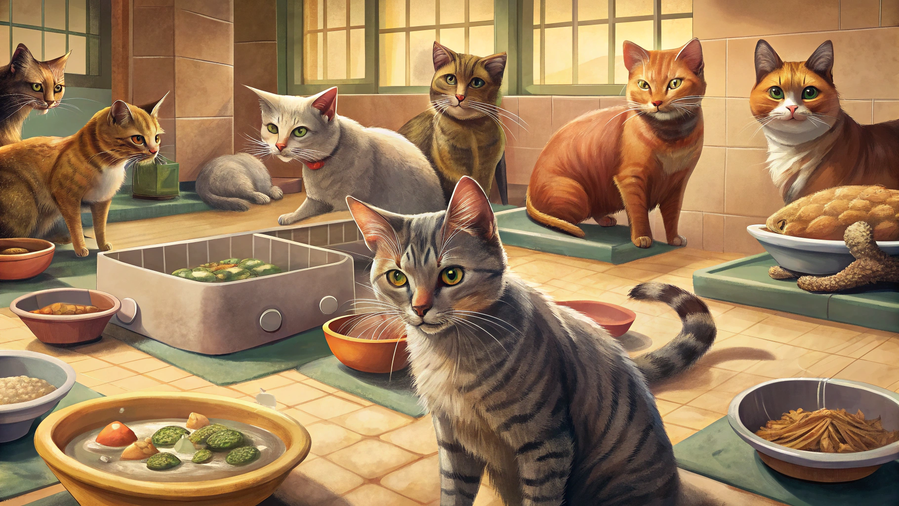 Plusieurs chats dans un environnement de chatterie avec des gamelles partagées