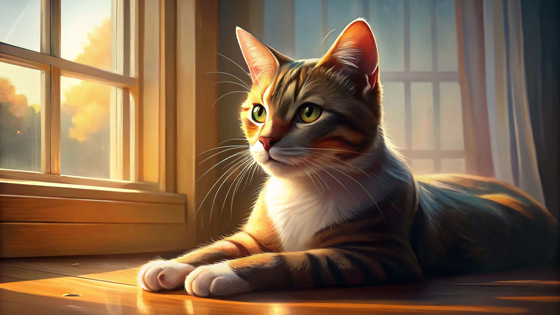 Chat adulte calme se reposant à l'intérieur près d'une fenêtre avec une lumière douce