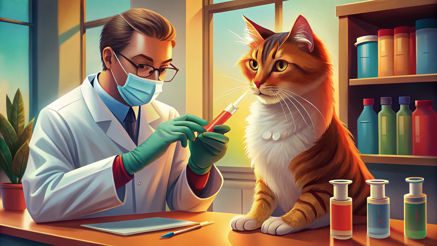 Chat roux examiné par un vétérinaire avec des tubes de prise de sang sur la table