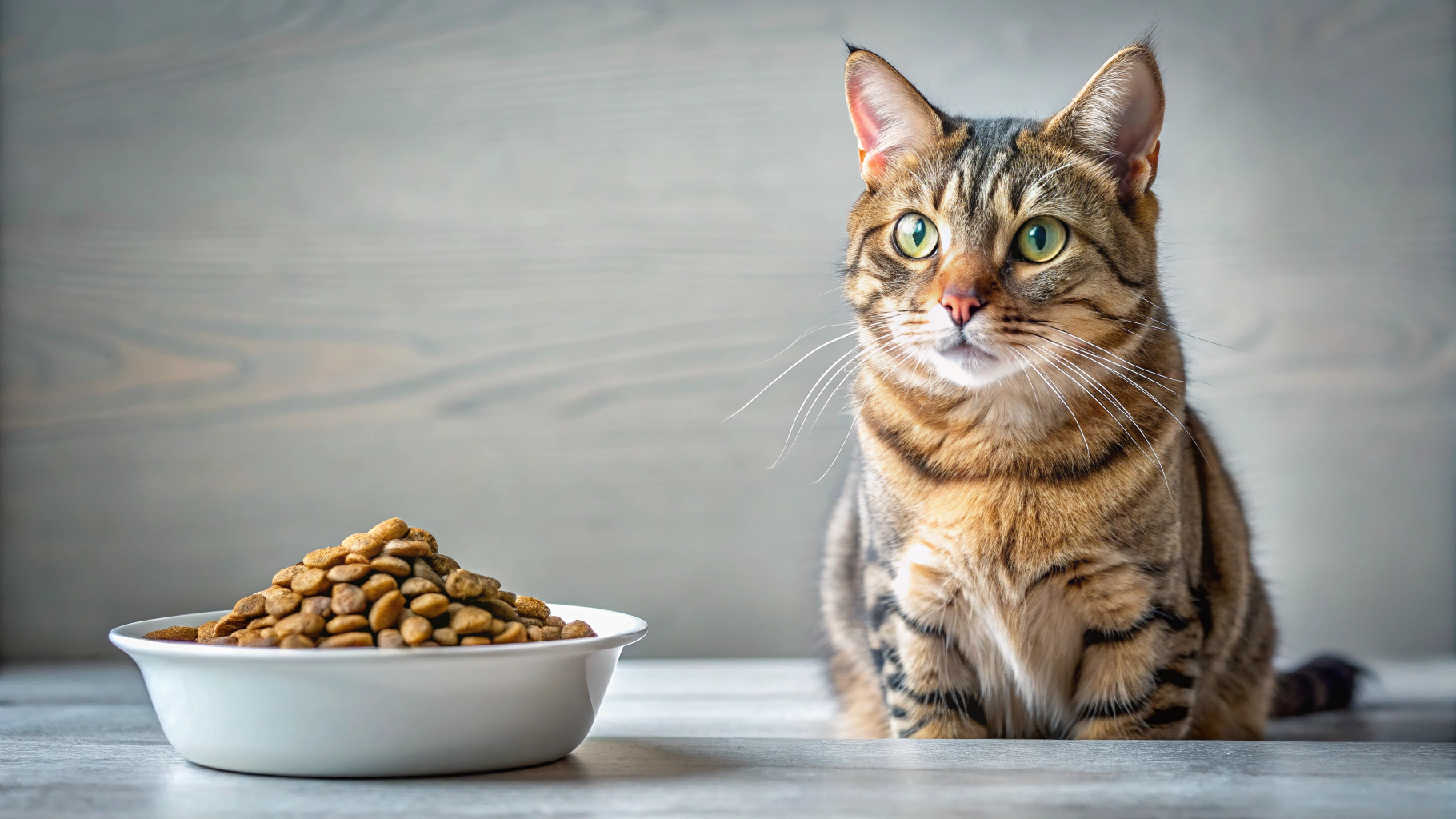 Chat tigré assis devant une gamelle de croquettes premium