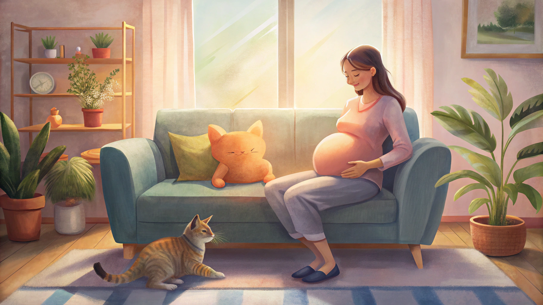 Femme enceinte assise sur un canapé avec un chat sur les genoux dans un intérieur chaleureux