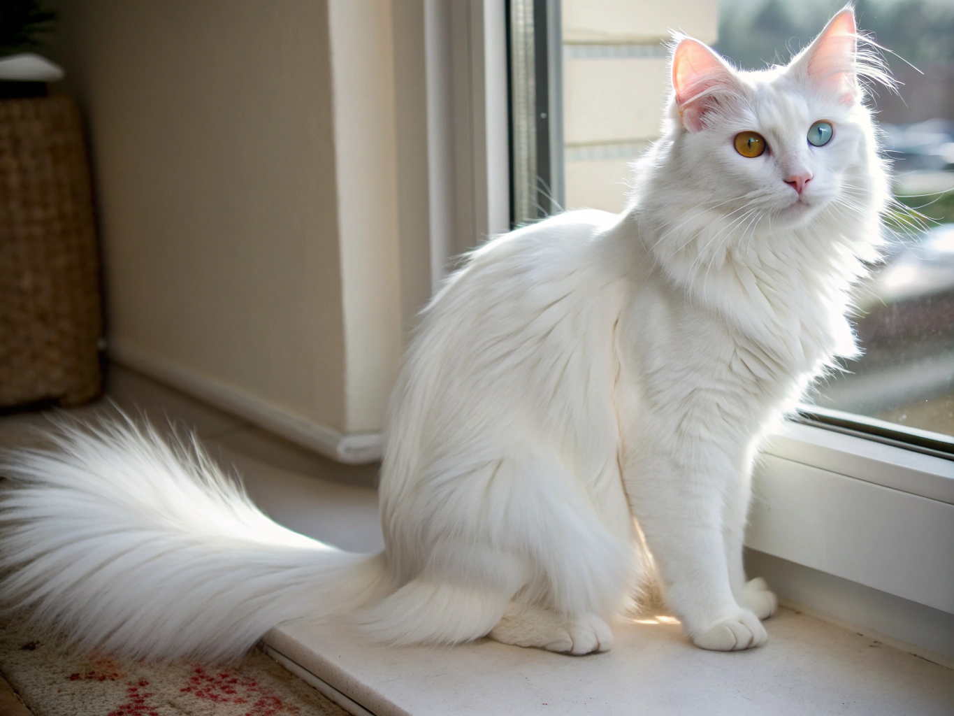 Portrait d'un Angora Turc blanc aux yeux bleus