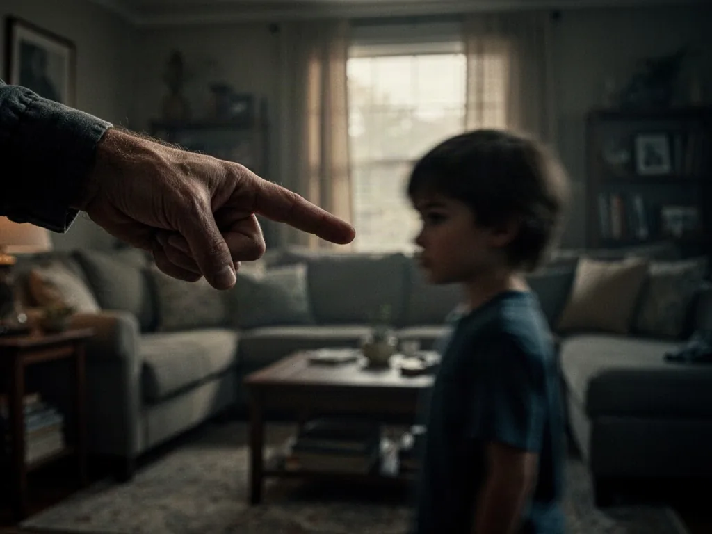 A parent's hand with index finger pointing harshly toward a small child's blurred silhouette, tense living room atmosphe