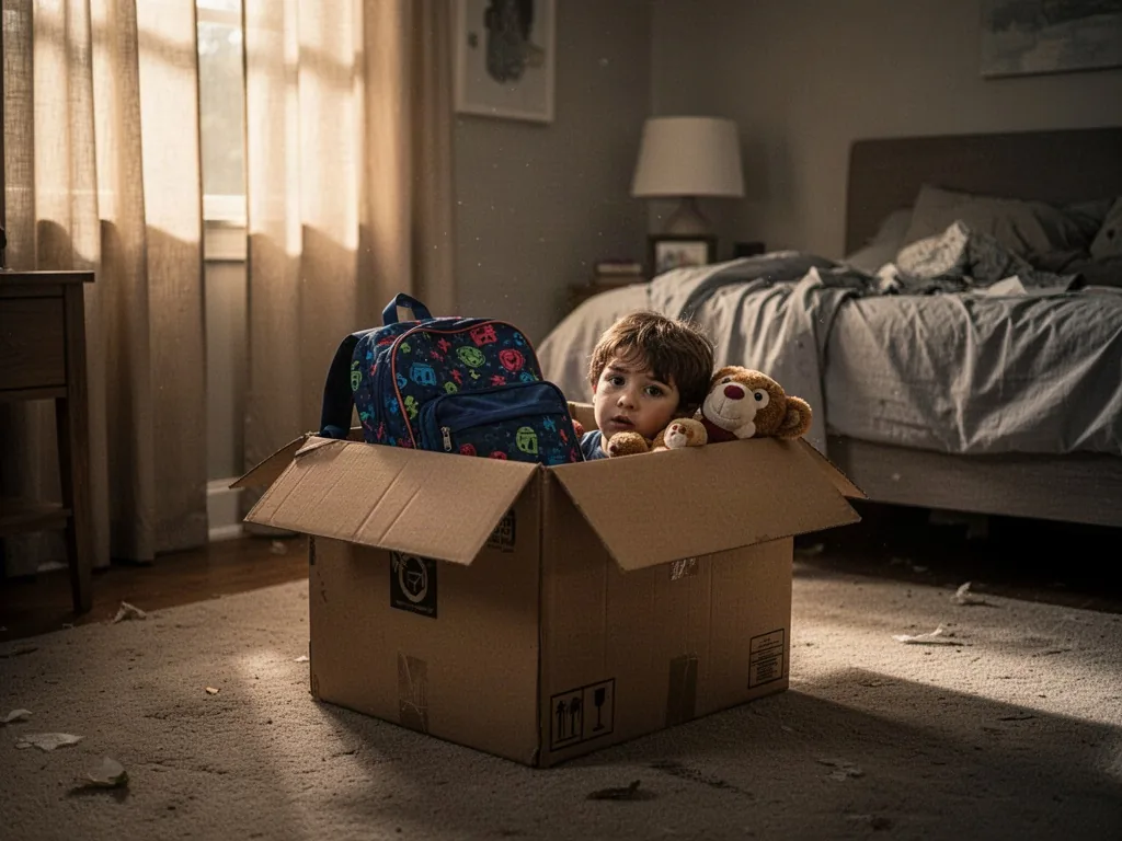 A cardboard moving box with a child's backpack and toy peeking out, in a half-empty bedroom, curtains glowing with late