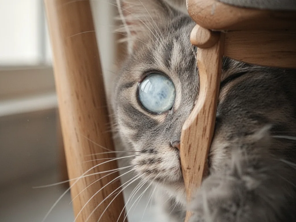 A cat's eye with a cloudy blue-white lens covering the pupil, whiskers touching a wooden chair leg, gentle daylight