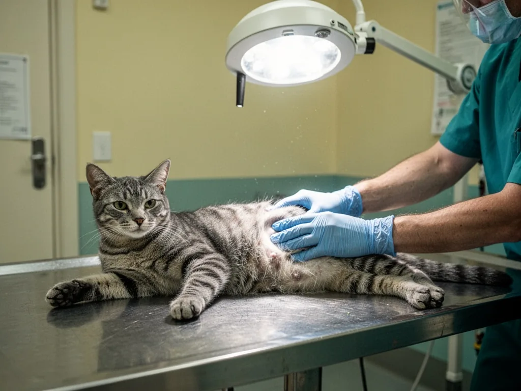 A gray tabby cat lying on a stainless steel veterinary table, a blue-gloved hand pressing its abdomen, bright overhead l