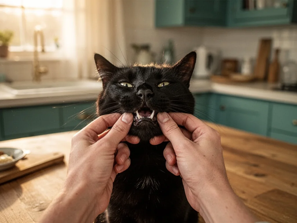 Two gentle human hands holding a black cat’s head, thumbs lifting its lips to show teeth, warm morning window light, woo