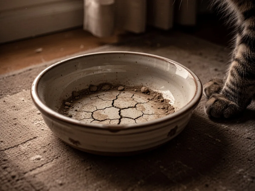 A shallow ceramic water bowl with dry cracked sediment at the bottom, a single cat paw resting nearby, dim morning light