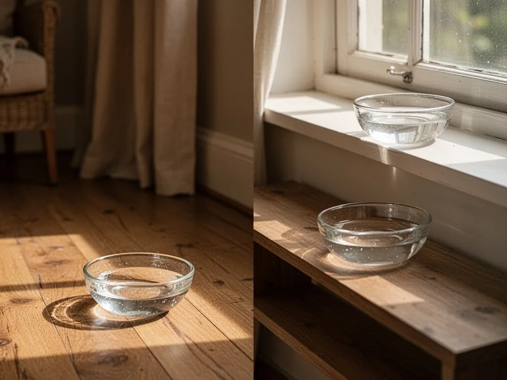 Three small glass water bowls placed on different surfaces: a wooden floor, a low shelf, and a windowsill, sunlit room