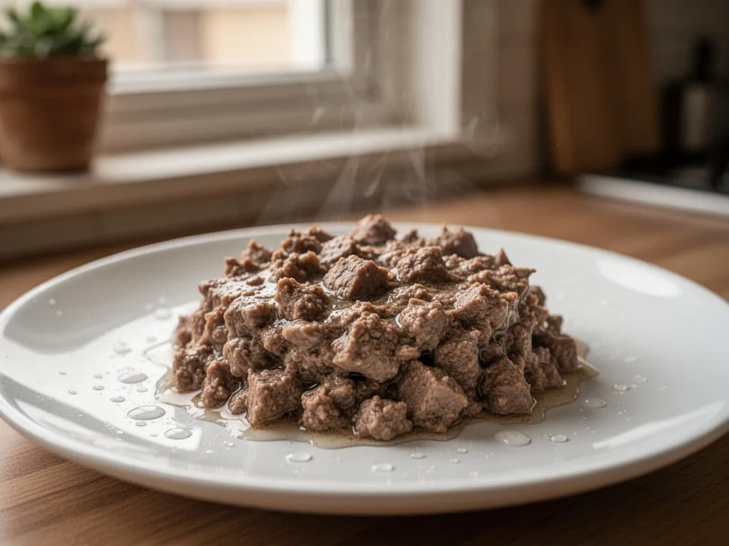 A wet cat food portion on a white plate, glistening moisture droplets and visible meat chunks, soft side lighting from a