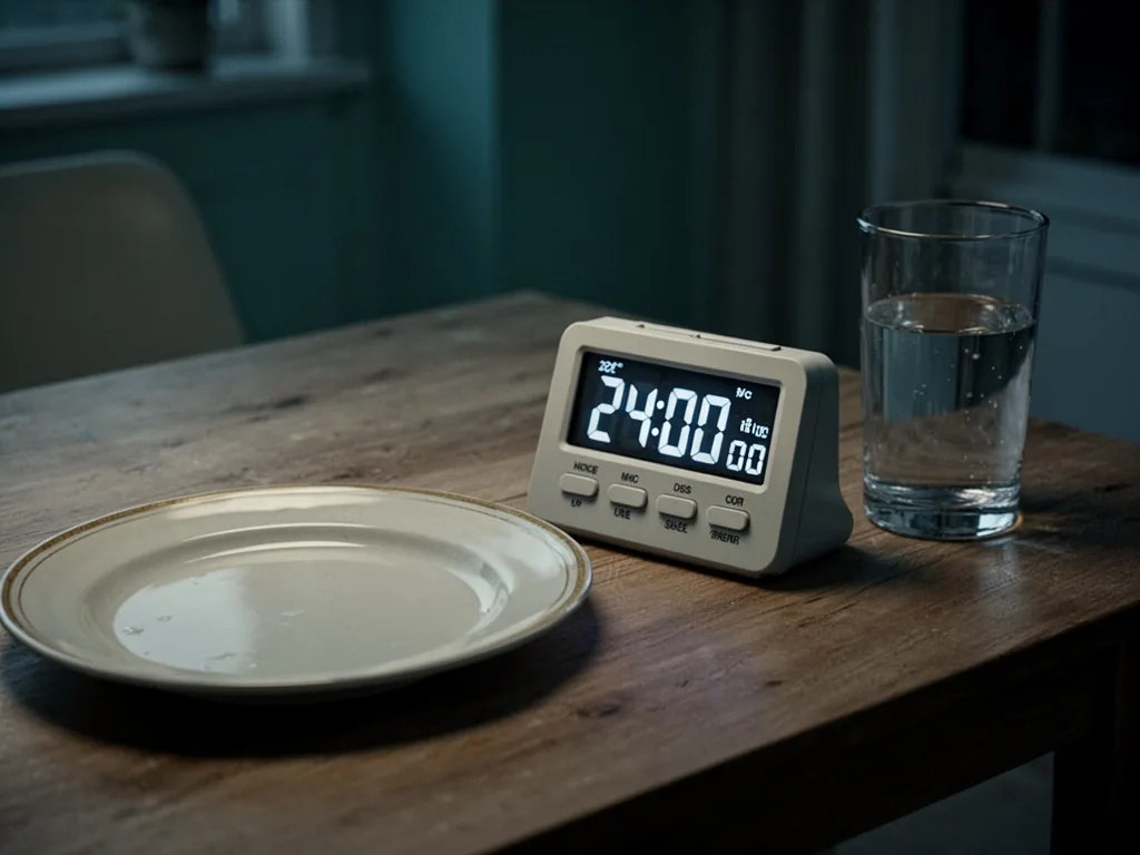 A digital kitchen timer displaying 24:00:00 on a wooden table next to an empty plate and a glass of water, dim evening l
