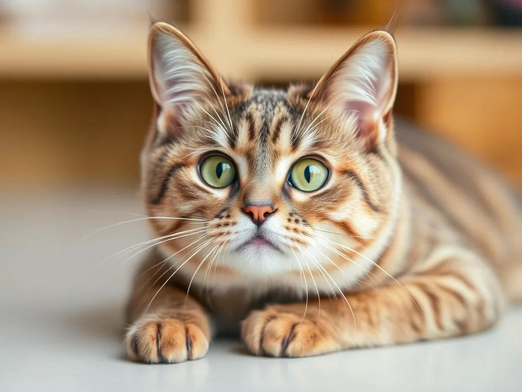 Chat roux attablé devant une gamelle surélevée, croquettes éparpillées, l'air concentré