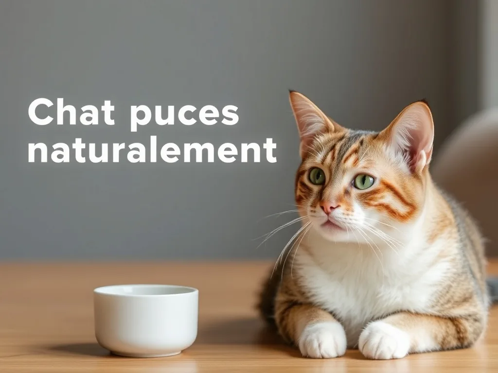 Chat tigré allongé sur un plaid, se toilettant la patte, avec un peigne anti-puces et un petit récipient de poudre blanche au premier plan.