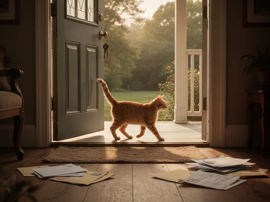 An open front door with a ginger cat silhouette stepping onto a sunlit porch, a dangling house key, scattered mail on fl
