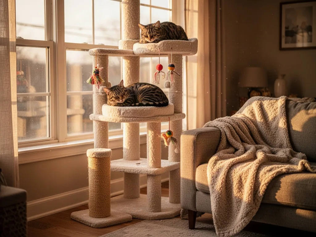 A plush cat tree by a large window with a sleeping tabby, dangling toys, a soft blanket on a sofa, a woven scratching po