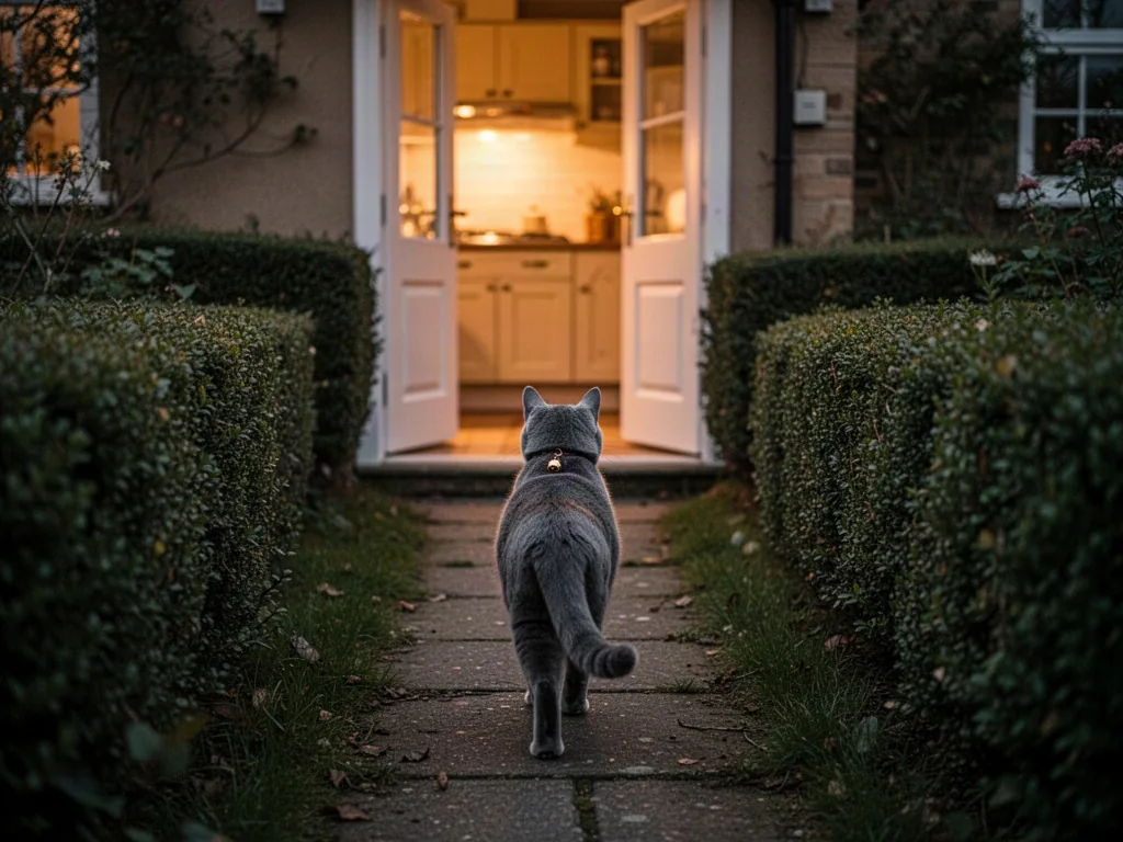 A gray cat with a small collar bell walking back along a garden path toward an open kitchen door, glowing warm light fro