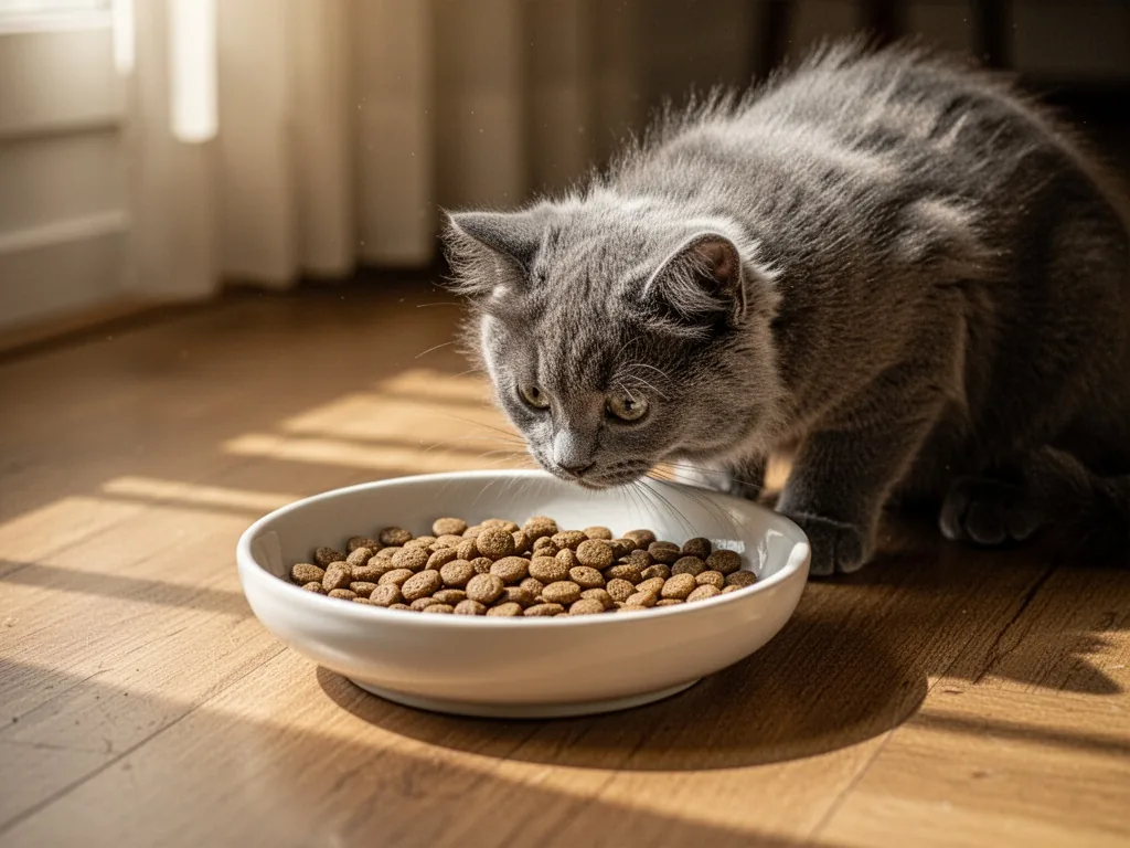 A shallow white ceramic bowl with premium kitten kibble on a wooden floor, a fluffy gray Chartreux kitten sniffing cauti