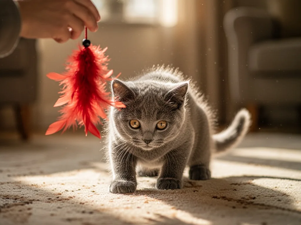 A dangling red feather toy held by a blurred hand above a carpet, a young Chartreux kitten crouching low with focused go