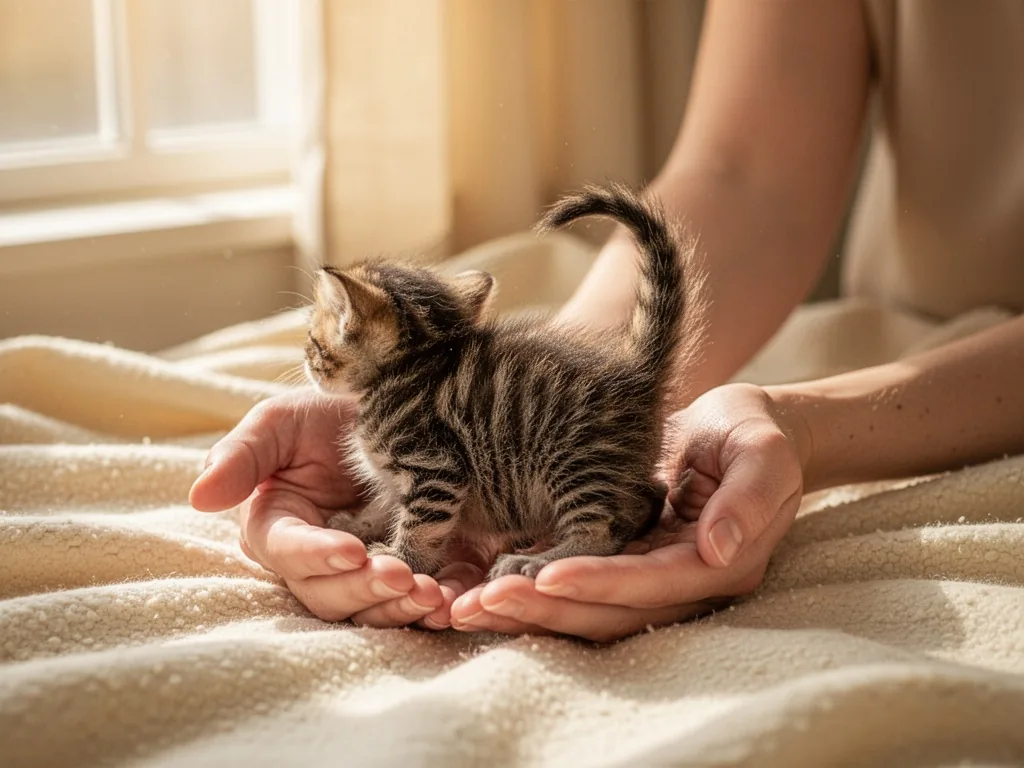 Two cupped human hands gently supporting a small kitten with an arched back, resting on a soft cream blanket, warm windo