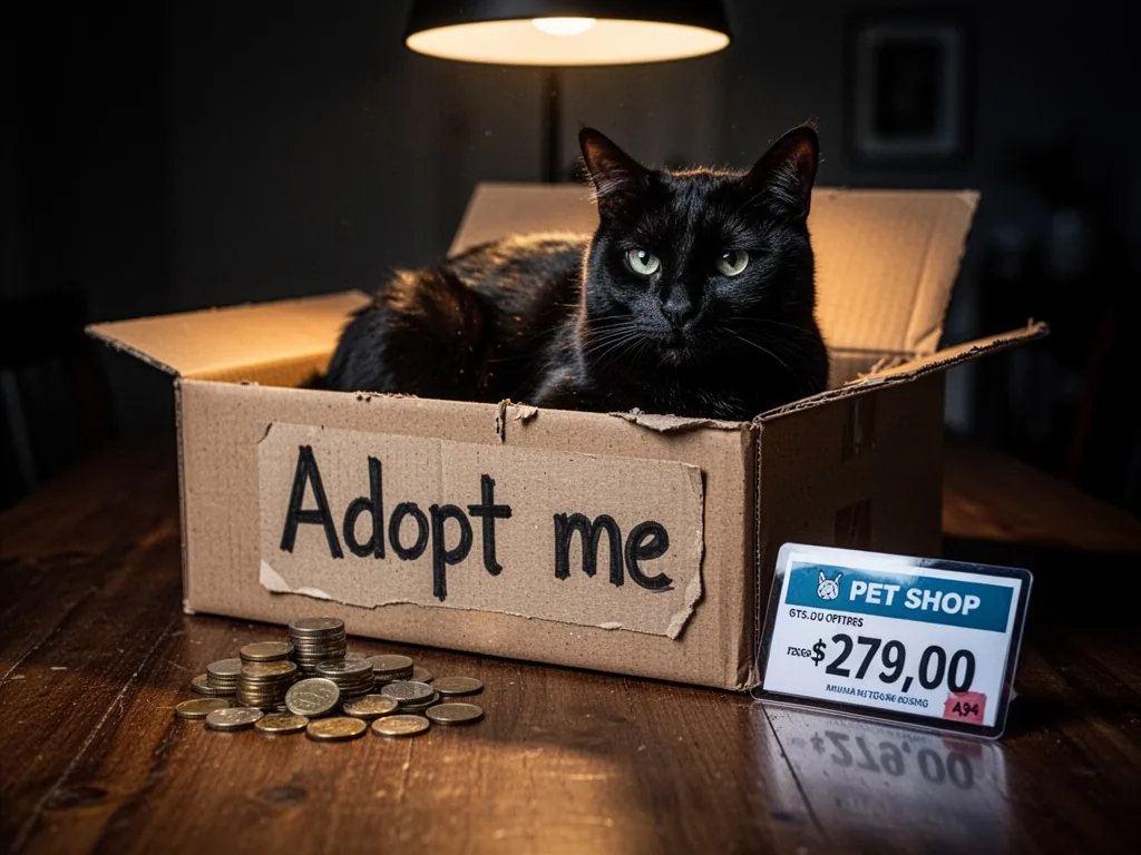 A black cat in a cardboard box with handwritten 'Adopt me' sign, beside small pile of coins and glossy pet shop price ta