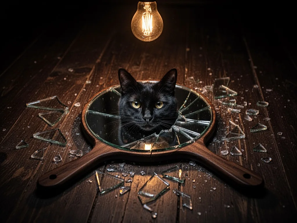 A black cat reflected in a cracked hand mirror on dark wooden floor, shards of glass scattered nearby, dim amber light f