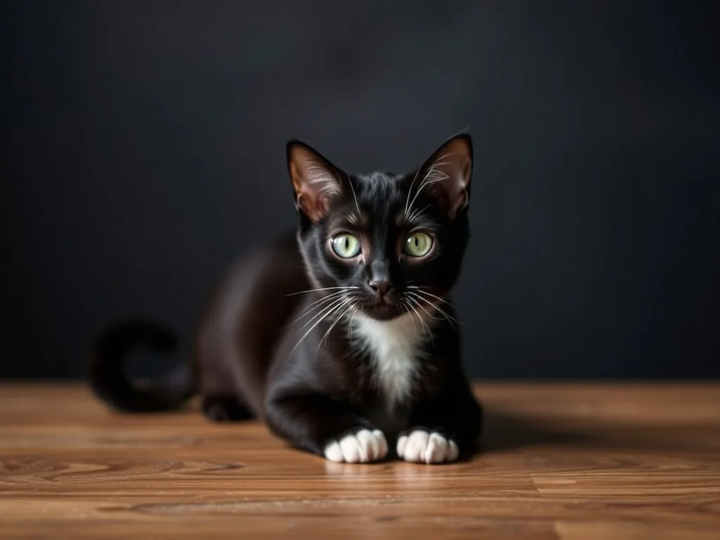 Chaton noir aux yeux dorés assis sur un fond clair, regard curieux