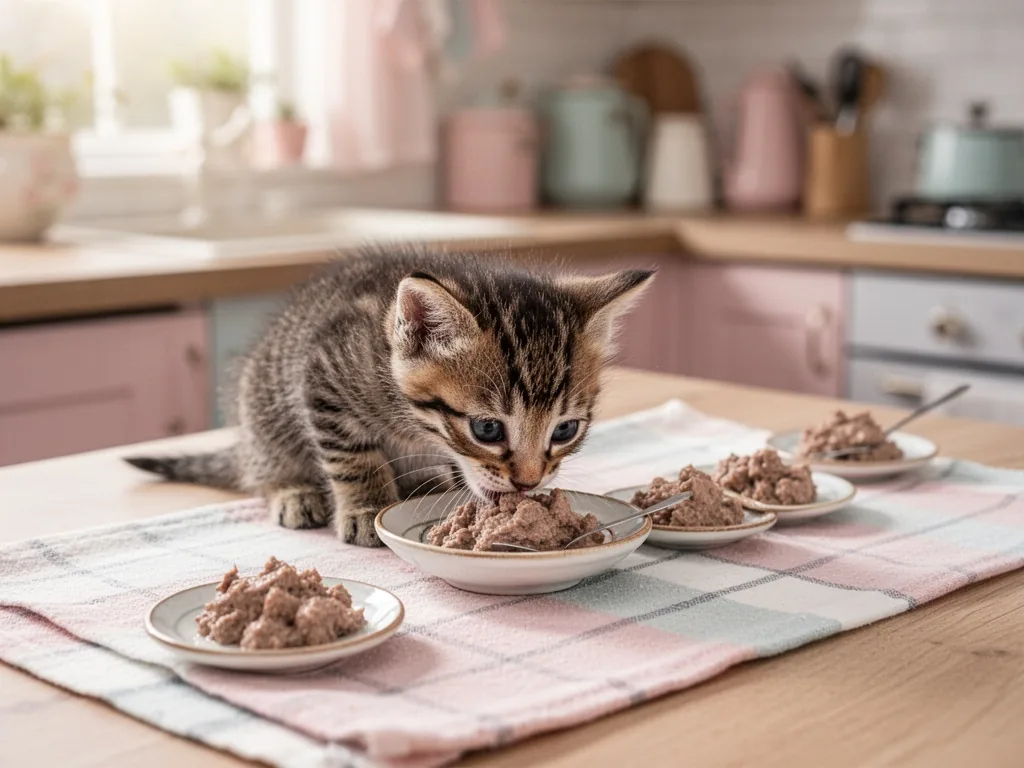 A tiny tabby kitten eating wet food from a small saucer, several tiny portions lined up on a checked cloth, in a cozy ki