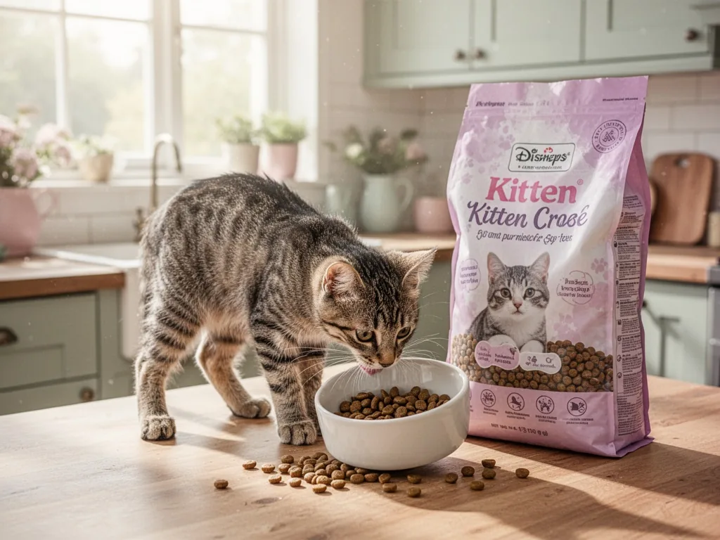 An older adolescent kitten with long legs eating kibble from a tilted bowl, a large sack of kitten kibble beside, sunlit