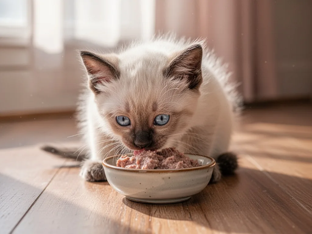 A two-month-old Siamese kitten with creamy fur and blue eyes nibbling wet food from a small ceramic bowl on a wooden flo