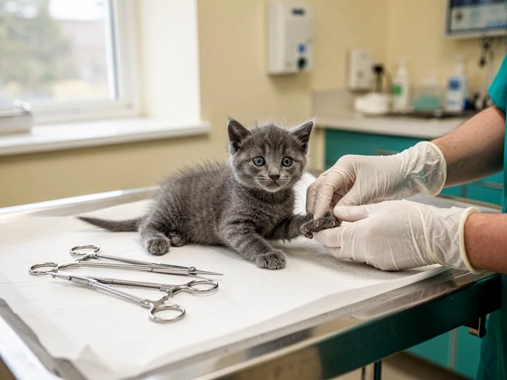 A tiny gray kitten lying calmly on a white veterinary examination tray, a gloved hand gently holding its paw, stainless