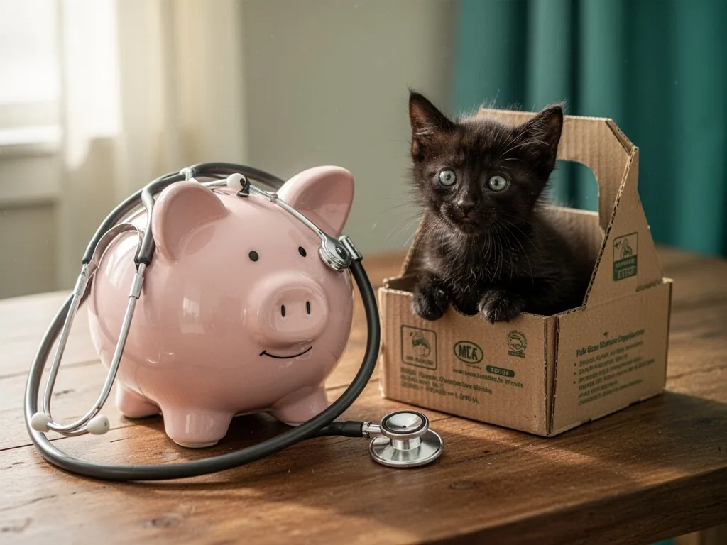A ceramic piggy bank with a stethoscope draped over it beside a small cardboard carrier containing a curious black kitte