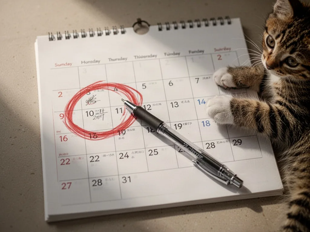 A wall calendar with a red circle around a future date, a ballpoint pen lying across the page, a kitten’s paw reaching f