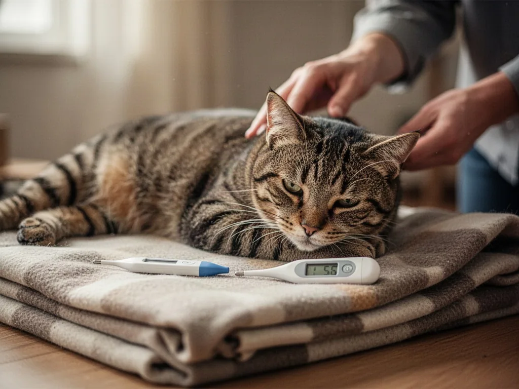 A listless tabby cat lying on a folded blanket, a digital thermometer beside it, a blurred person’s hand reaching toward