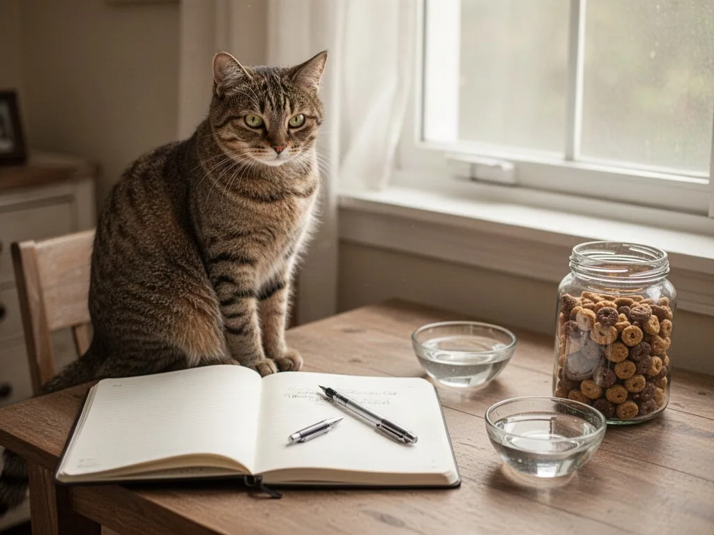 A cat sitting beside an open notebook with a pen, a small water bowl and a treat jar nearby, bright window light, calm h