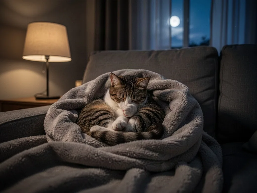 A kitten curled into a plush blanket on a sofa, one paw over its face, dim bedside lamp glowing, moonlight through curta