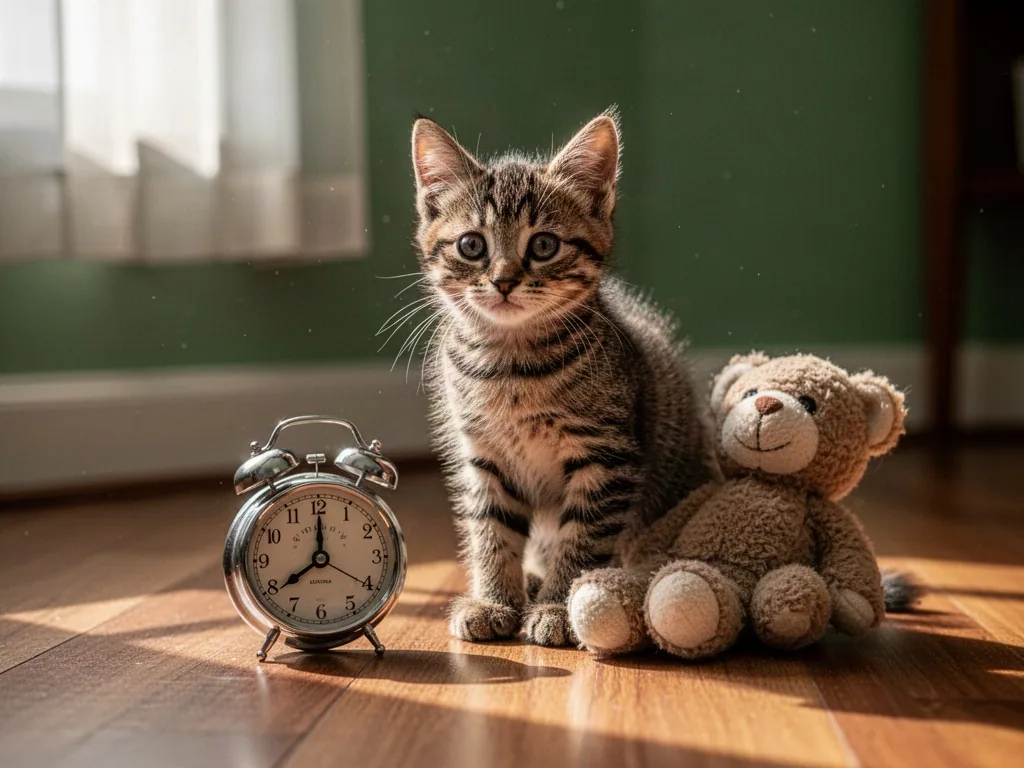 A young tabby kitten sitting on a wooden floor beside a small wind-up alarm clock and a stuffed toy, soft afternoon ligh
