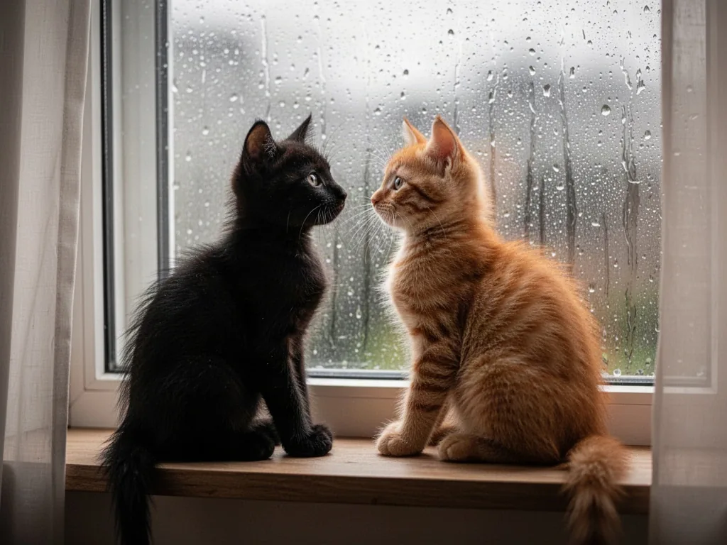 A black kitten and a ginger kitten sitting side by side on a windowsill, watching rain droplets on glass, soft overcast