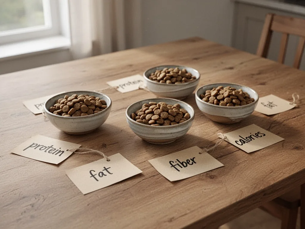 Four small ceramic bowls of cat kibble on a wooden table, each beside a handwritten tag reading 'protein', 'fat', 'fiber