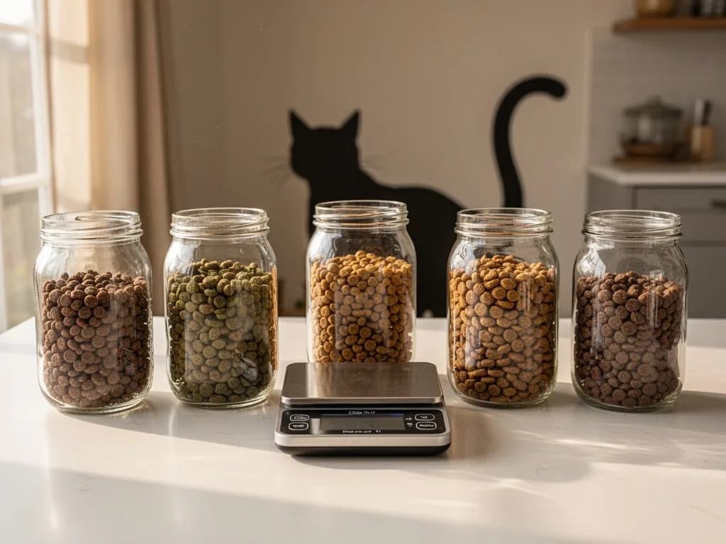 A row of five clear glass jars filled with different cat kibble, a digital weighing scale at the center, a cat silhouett