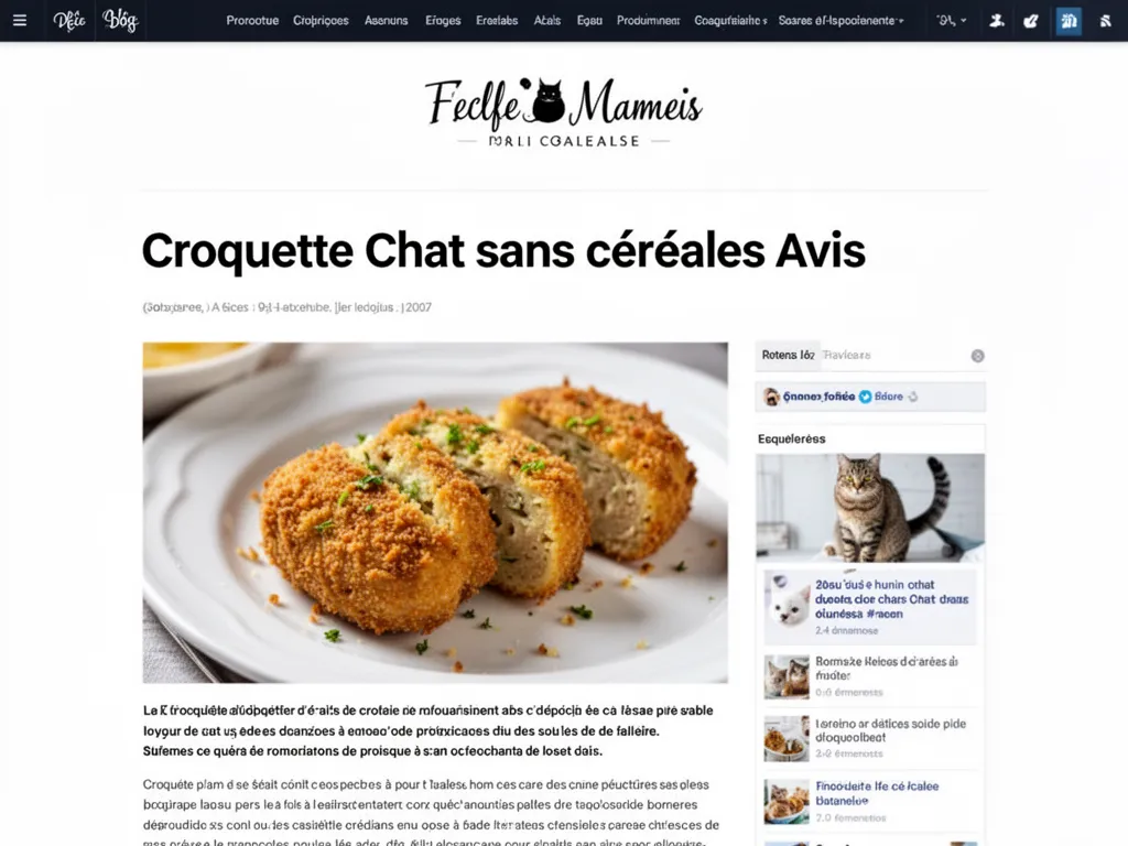 Gamelle remplie de croquettes brunes sans céréales, silhouette d'un félin floue en arrière-plan