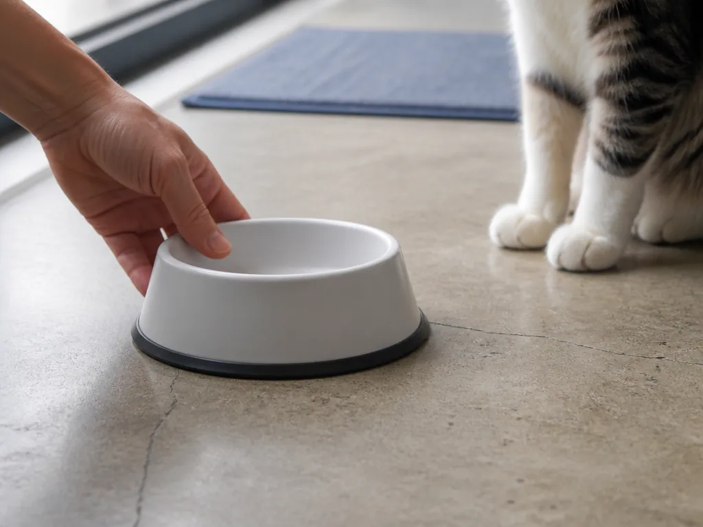 Photorealistic editorial photograph: a person's hand presses a simple rubber-rimmed bowl onto a concrete floor, showing