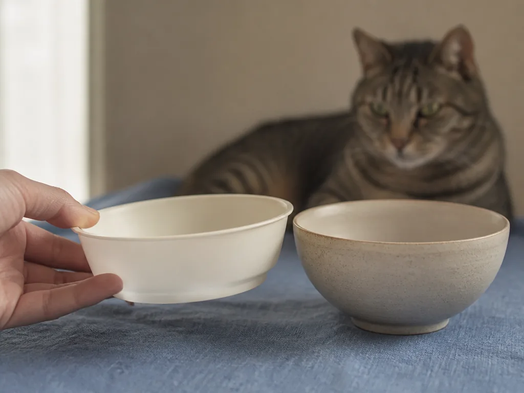 Photorealistic editorial photograph: close-up of a hand holding a lightweight plastic bowl beside a heavy ceramic one, b