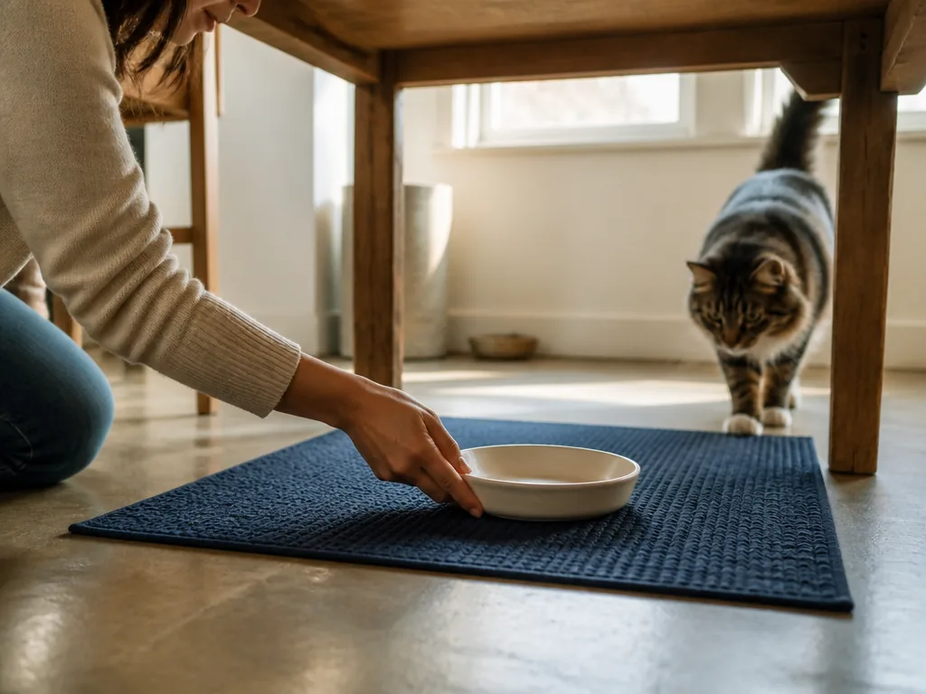 Photorealistic editorial photograph: a person places a wide, low-angled dish on a textured rubber mat under a kitchen ta