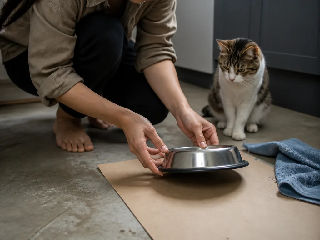 Gamelle basse pour chat avec base antidérapante posée sur un sol de cuisine