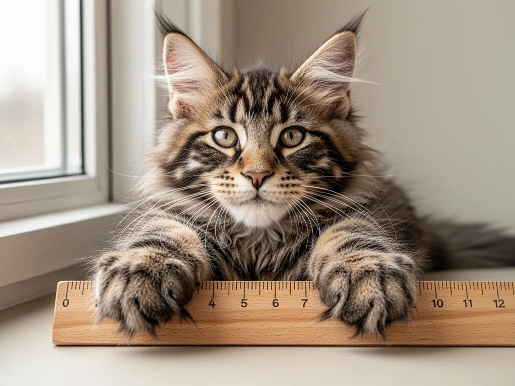A large Maine Coon cat standing on a wooden floor beside a measuring tape and a bowl of dry food, a blurred person's han