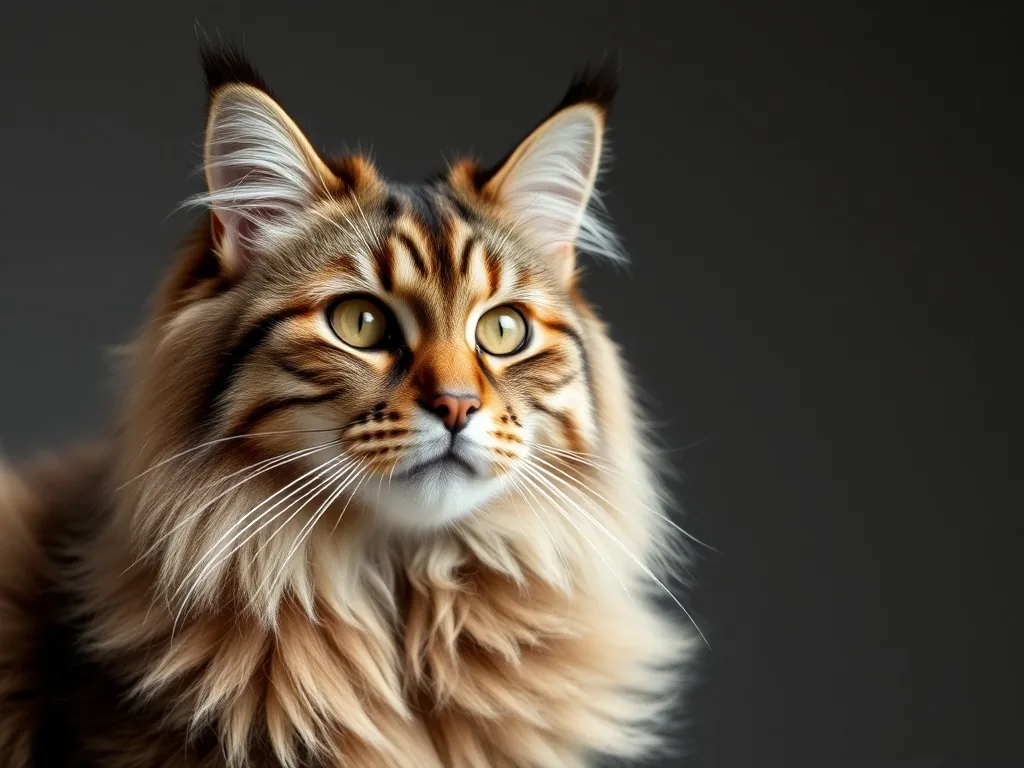 Maine Coon roux allongé de tout son long sur un canapé, une main posée à côté pour l'échelle, queue touffue dépassant largement le coussin