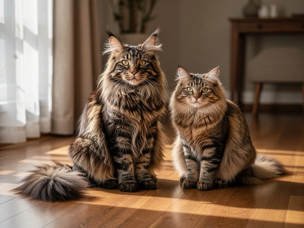 A large Maine Coon cat with tufted ears and a fluffy tail sitting beside a sleek Siberian cat, both on a polished wooden